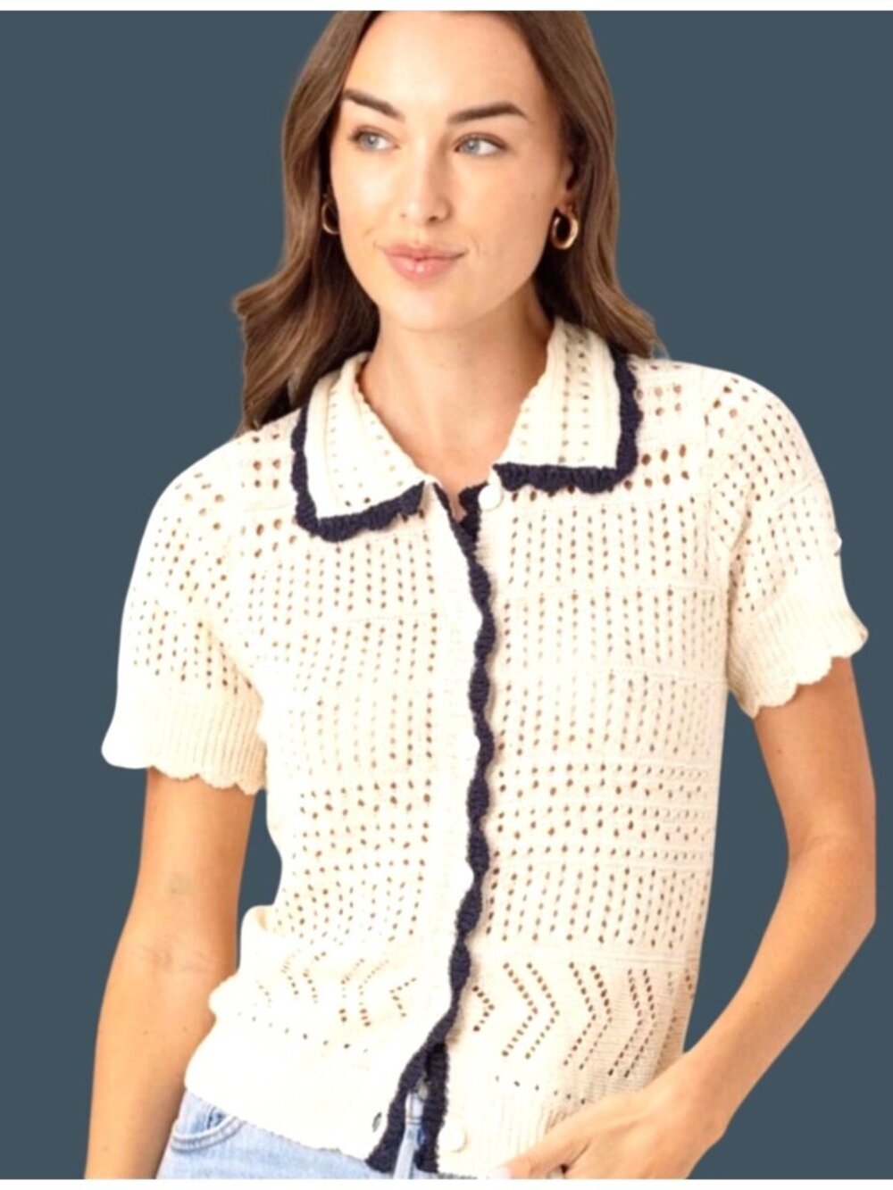Maeve By Anthropologie Agnes Knit Crochet Collared Button-Up Top With Navy Trim
